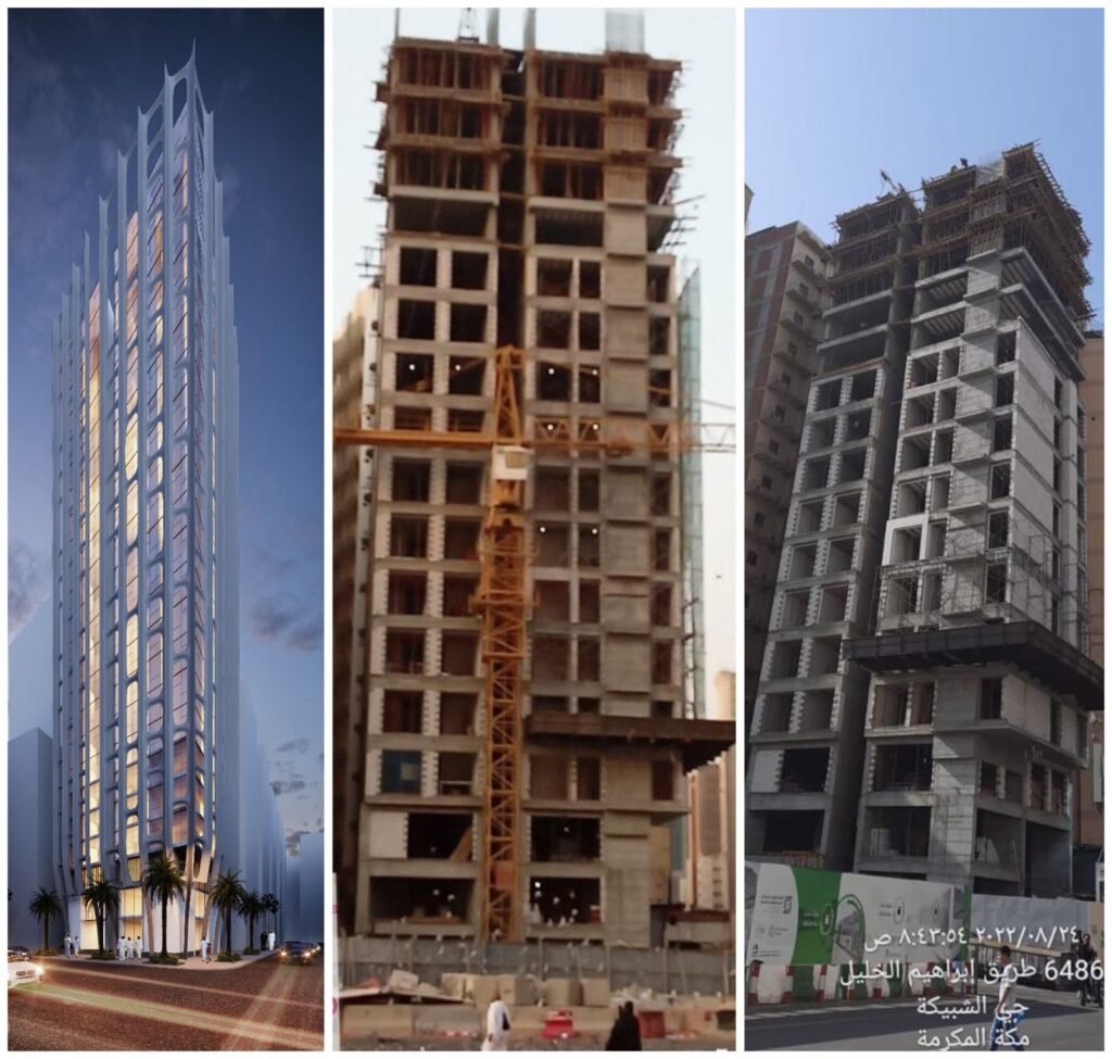 Modern hospitality tower 3D rendering contrasted with active reinforced concrete structural construction phases and tower crane installation by INJ Architects.