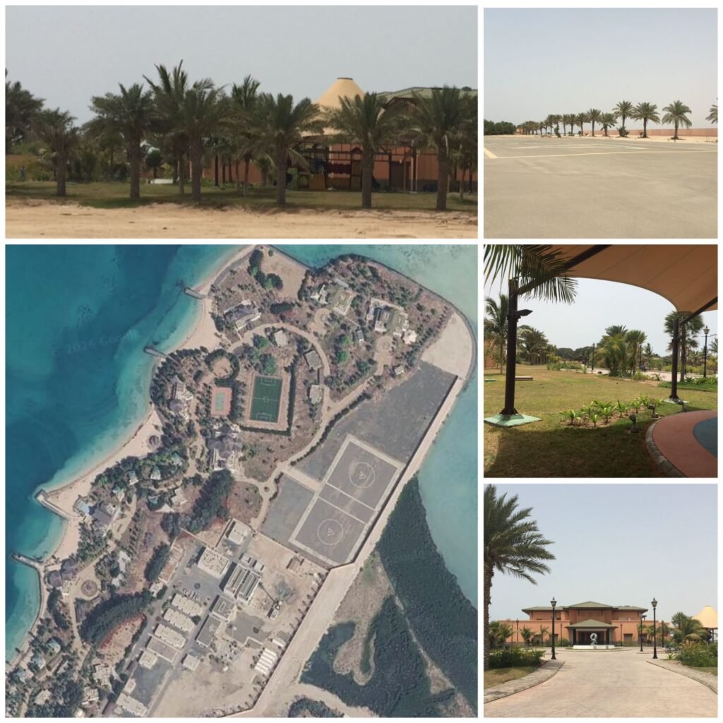 Coastal island pavilion restoration with fabric canopies and dual asphalt helipads at Al Budayah Island.