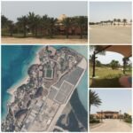 Coastal island pavilion restoration with fabric canopies and dual asphalt helipads at Al Budayah Island.
