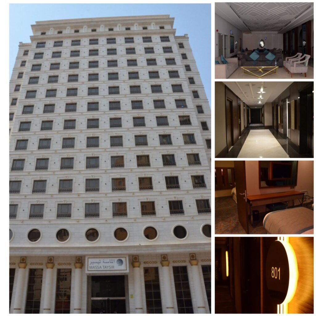 High-rise hotel in Makkah with classical stone facade, luxury reception lounge, elevator corridors, and modern guest suites documented during consultancy by INJ Architects.