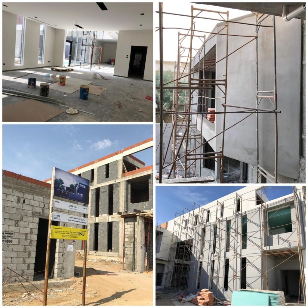 MABK Villa Al Basateen Jeddah construction phases from structural blockwork through plastering, exterior facade cladding, and interior fit-out.