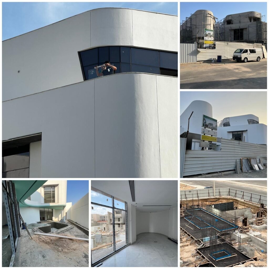 AMA Villa Al Basateen Jeddah showing curved white concrete facade construction from deep foundation rebar through to interior finishing.