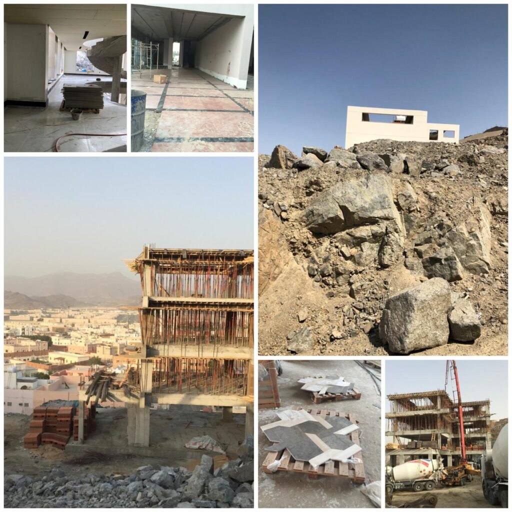 Mansion Complex structural lifecycle showing mountainous site excavation, concrete pouring, and interior stone flooring works in Makkah.