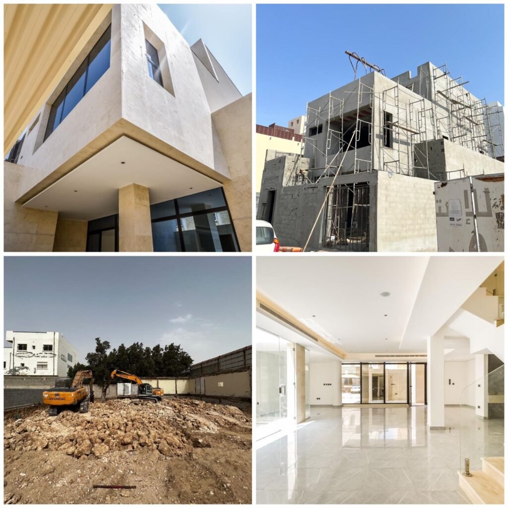 Residential compound in Abhor Jeddah from initial excavation and structural scaffolding to finished modern stone facades and polished interiors.