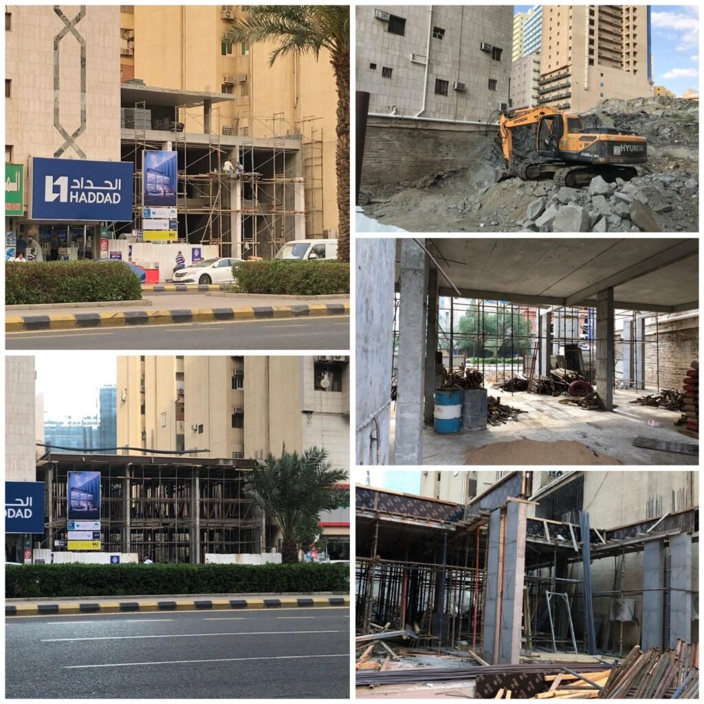 Al-Aziziah commercial retail development in Jeddah showing excavation, concrete framework, and structural engineering phases.