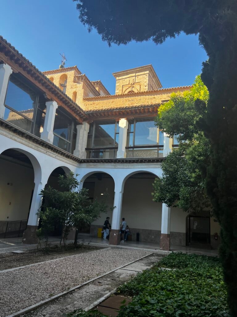 Architectural view of an introverted courtyard garden in the Andalusian architecture tradition, featuring a central linear water channel, symmetrical botanical parterres, and manicured hedges.