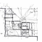 Hand-drawn architectural ground floor plan sketch in black ink with handwritten labels for Pool, Dining, Formal Kitchen, Show Kitchen, and Majlis, using circular bubble diagrams and sightline arrows to map programmatic zoning across the plot.