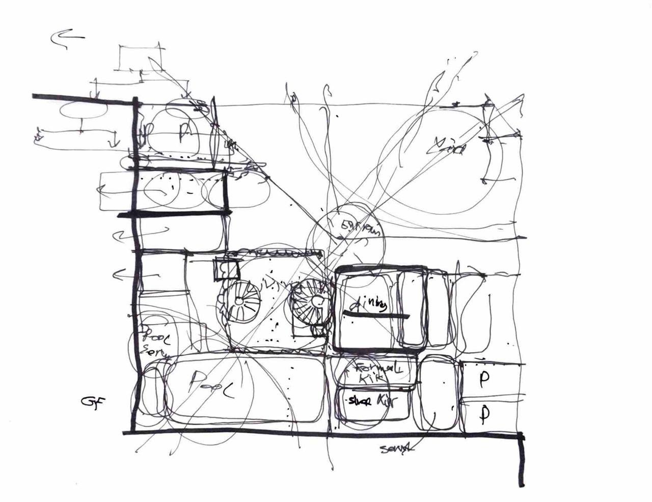 Hand-drawn architectural ground floor plan sketch in black ink with handwritten labels for Pool, Dining, Formal Kitchen, Show Kitchen, and Majlis, using circular bubble diagrams and sightline arrows to map programmatic zoning across the plot.