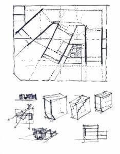 Hand-drawn architectural design sheet in black ink featuring a large top plan sketch with diagonal boundary walls and a small landscaped tree courtyard, accompanied by lower thumbnail studies including 3D cubic volumetric massings, perspective pavilion sketches, and vector sightline diagrams.