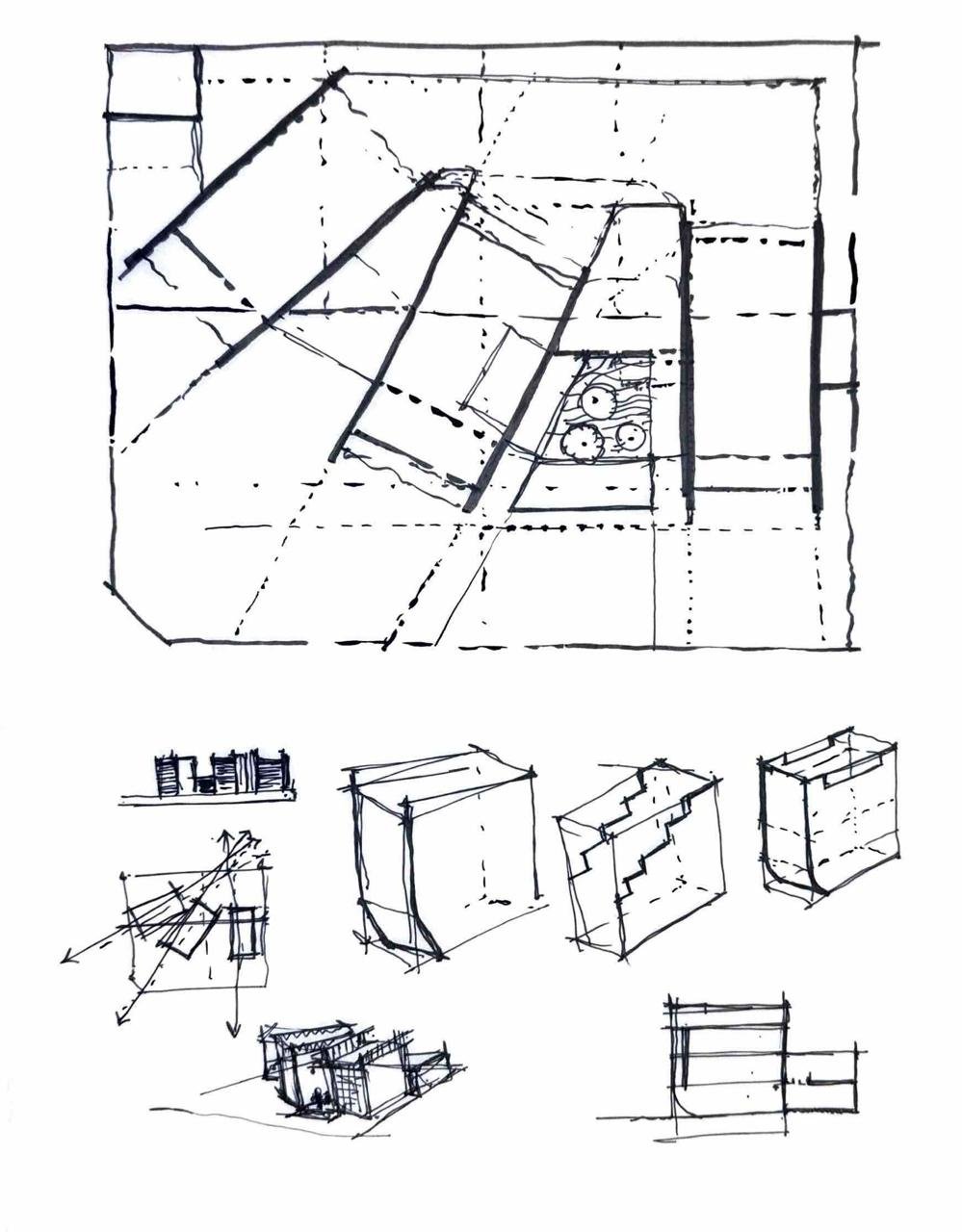 Hand-drawn architectural design sheet in black ink featuring a large top plan sketch with diagonal boundary walls and a small landscaped tree courtyard, accompanied by lower thumbnail studies including 3D cubic volumetric massings, perspective pavilion sketches, and vector sightline diagrams.
