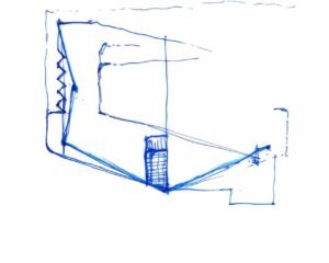 Hand-drawn architectural perspective sketch in blue ink showing geometric lines and a zig-zag element