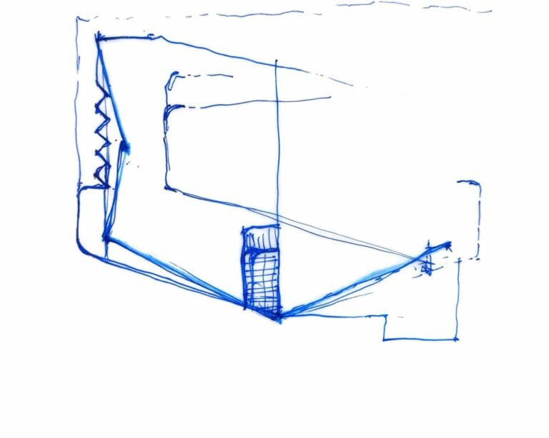 Hand-drawn architectural perspective sketch in blue ink showing geometric lines and a zig-zag element