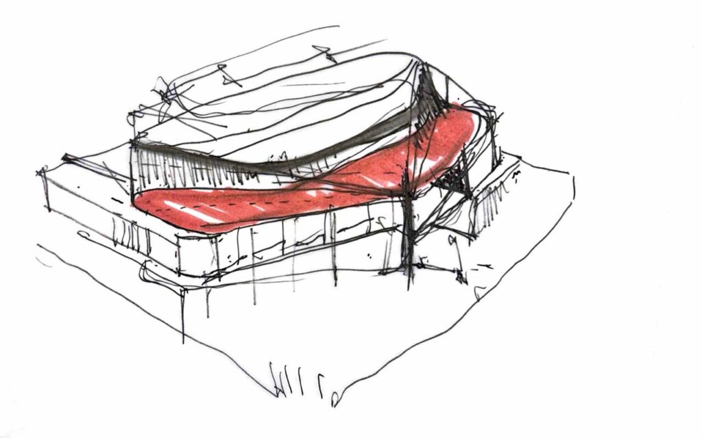 Hand-drawn 3D architectural perspective sketch in black ink and grey wash with a vibrant red marker accent on a white background, featuring a podium building with a glazed ground level, a continuous horizontal red ribbon deck wrapping the intermediate setback, and a sweeping, curved upper canopy shell supported by vertical mullions.
