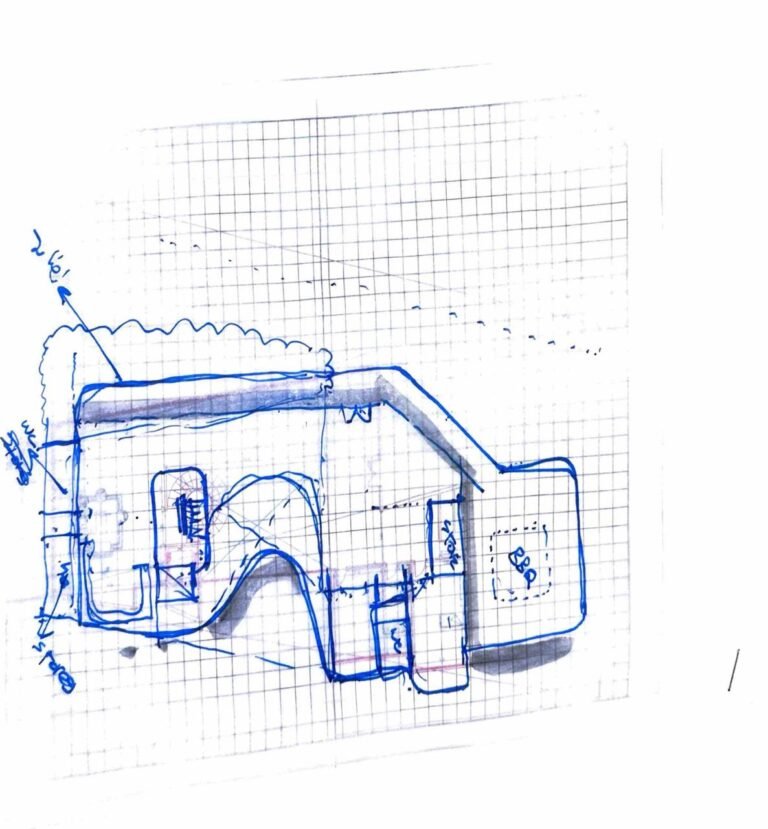 Blue ink architectural sketch with a curved wall, an outdoor area, a BBQ zone and service spaces.