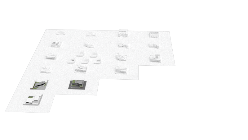 Isometric architectural diagram displaying an extensive matrix of 3D conceptual massing models and spatial iterations on a white grid plane, tracking the evolutionary design process from early volumetric explorations to context-rendered building proposals.