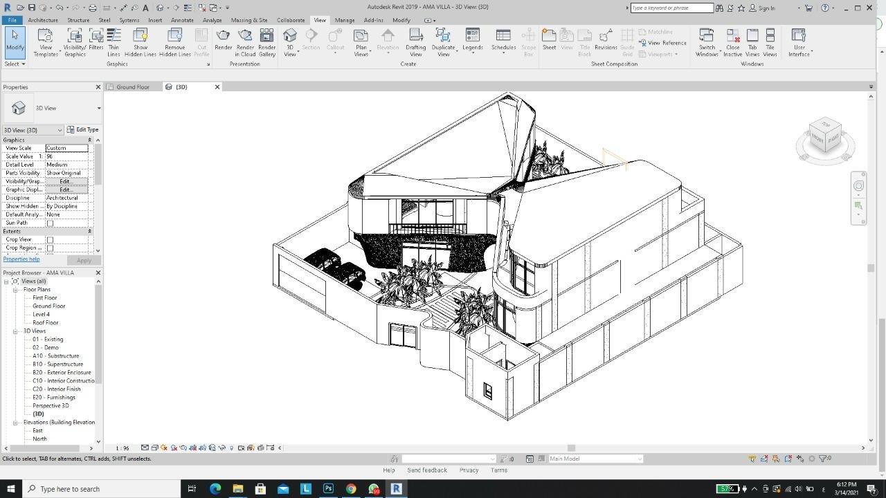 Software workspace displaying a three-dimensional architectural model with toolbars and project panels.