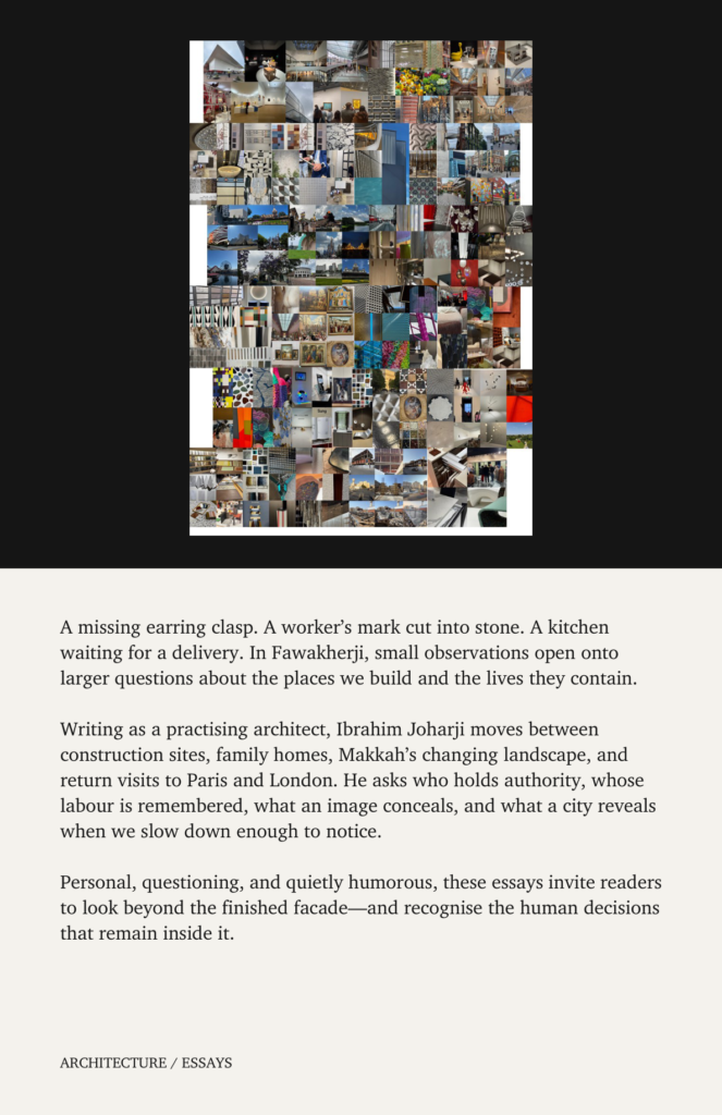 A collage of small photographs featuring architectural details, interior spaces, construction sites, and urban scenes