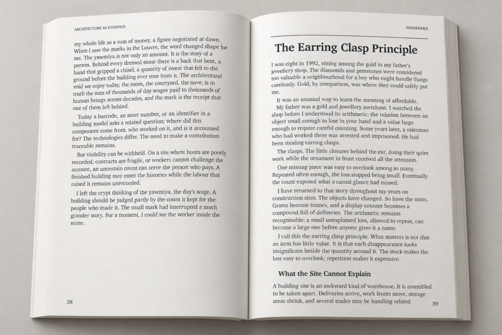 Open book showing pages 38 and 39 with a chapter titled The Earring Clasp Principle
