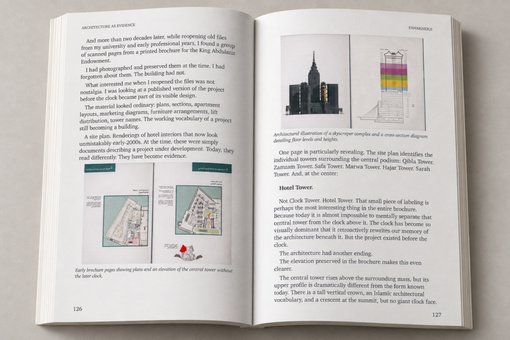 Open book displaying pages 126 and 127 with architectural text, floor plans, and skyscraper elevation diagrams