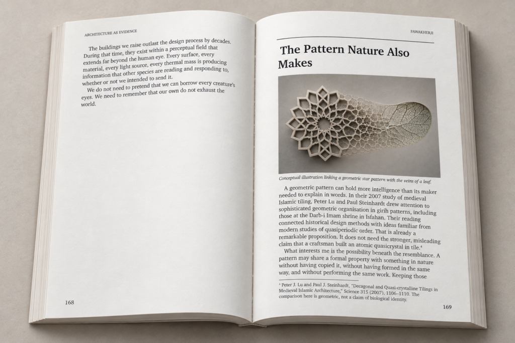 A conceptual illustration in an open book transitioning a geometric star pattern into the natural vein structure of a leaf