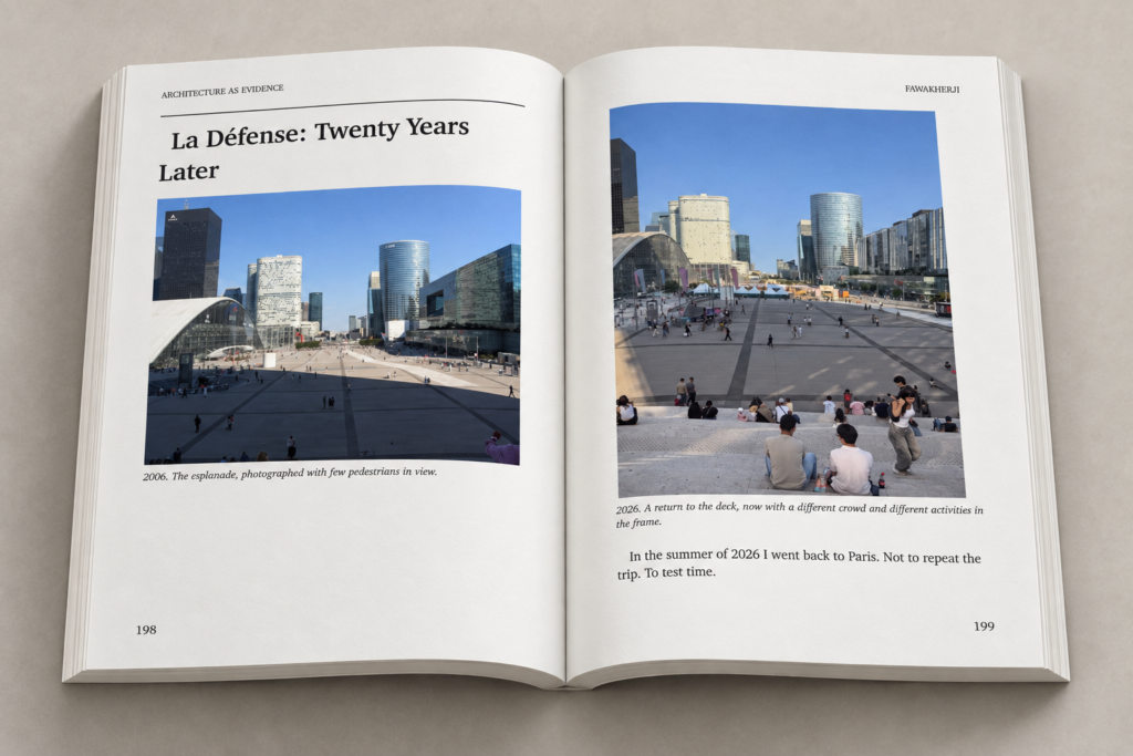 Open book spread comparing photos of La Défense plaza in Paris from 2006 and 2026