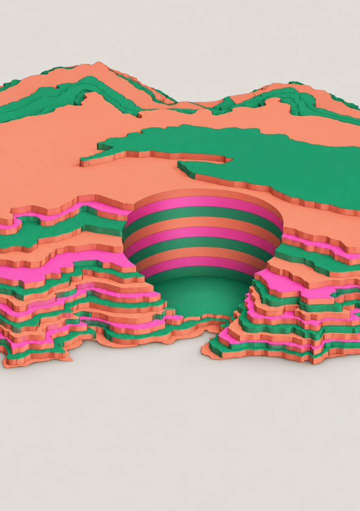 3D terraced topographic sculpture featuring a deep central cylindrical pit framed by layered peach, emerald green, and vibrant pink contour bands.