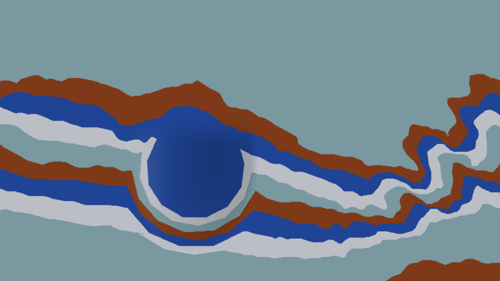 Abstract graphic contour lines map featuring wavy bands of terracotta brown, deep royal blue, and slate grey, curving around a central shaded circular cone depression against a muted steel-blue backdrop.