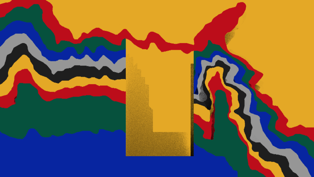 Graphic 2D abstract map featuring undulating contour lines in a six-color sequence of red, green, blue, black, grey, and yellow, bisected by a central golden stippled architectural monolith against a bright yellow backdrop.