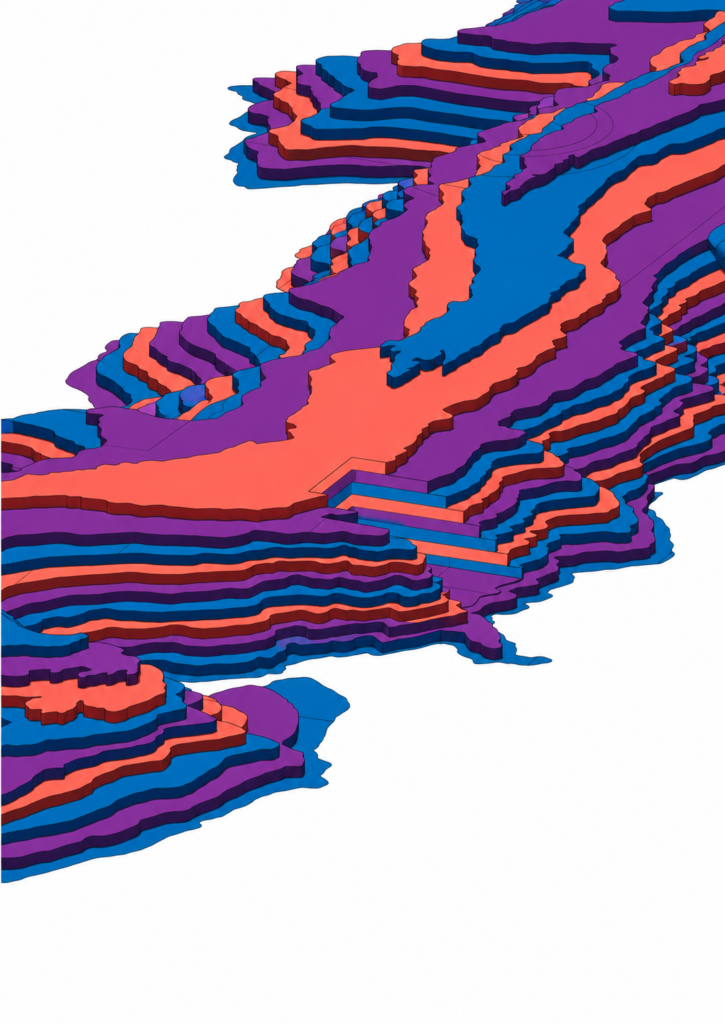 High-angle isometric 3D topographic terrace sculpture featuring stepped, layered contour bands in coral red, royal blue, and deep purple against a clean white background.