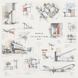 World Architecture Day architectural sketchbook with plans, sections, perspectives and concept drawings