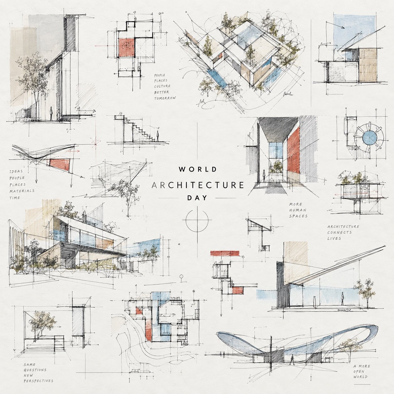 World Architecture Day architectural sketchbook with plans, sections, perspectives and concept drawings