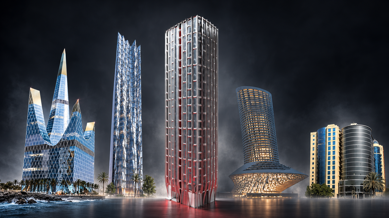 Editorial collage of INJ tower projects: Bin Darwish, Azizia, Jadwa Al-Kahlil, Bahar and Joharji Hotel.